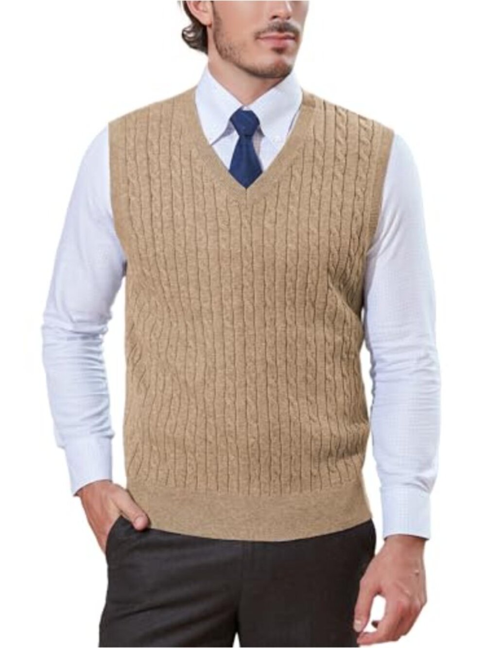 Wool Blend Cable Knit V-Neck Sweater Vest Sleeveless Pullover